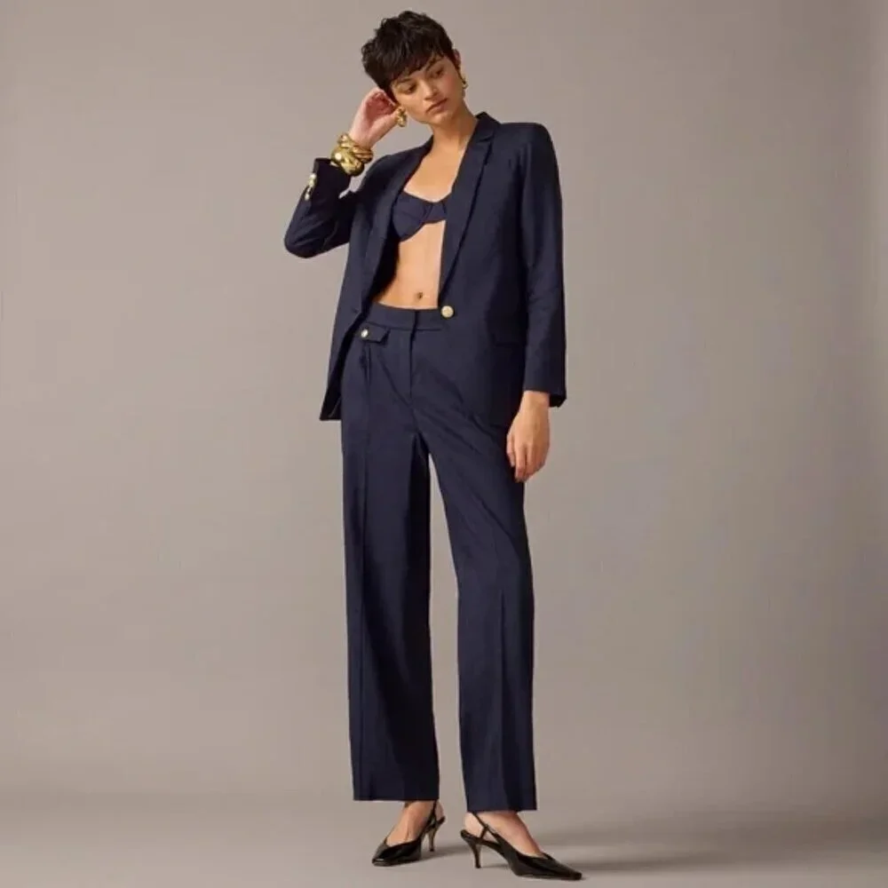 J. Crew Collection Side Tab Trouser Italian Linen Blend Navy Size 12/L NWT